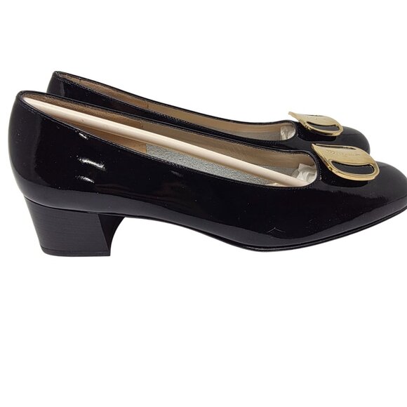 Salvatore Ferragamo Black Patent Leather Heels With Gold Buckle Size 7AA - Picture 3 of 9
